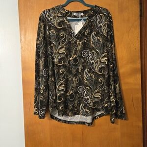 NWT Roswear Paisley Long Sleeve Top Black Tan Size XL